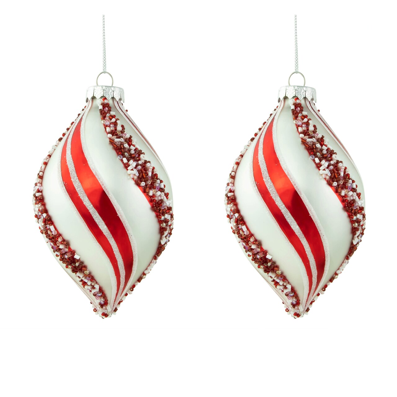Northlight Set of 2 White and Red Glitter and Beads Striped Finial Glass Christmas Ornaments 5.5"